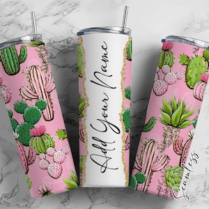 Cactus op roze achtergrond voeg je eigen naam toe, 20oz sublimatiebekerontwerpen, sjabloon magere beker wraps - 90