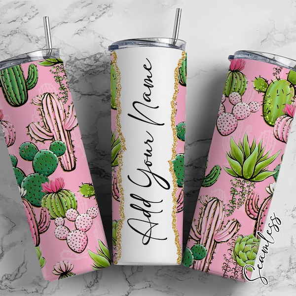 Cactus On Pink Background Add Your Own Name, 20oz Sublimation Tumbler Designs, Skinny Tumbler Wraps Template - 90