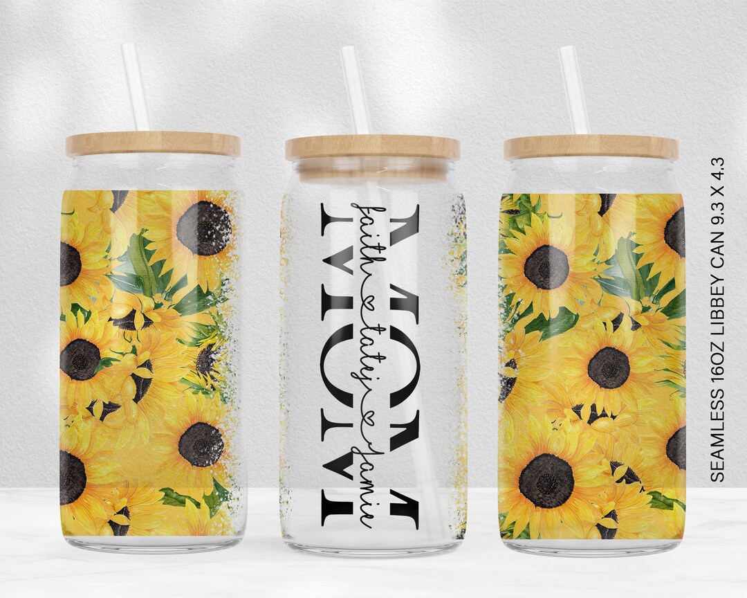 Sunflower 16oz Libbey Glass Can Tumbler Seamless, 16oz Glass Can Wrap ...