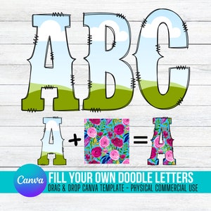 Fill your own Doodle Letters on CANVA with Commercial Use Allowed. Drag and Drop Alphaset Alphabet Letters PNG Editable Canva Frame Designs
