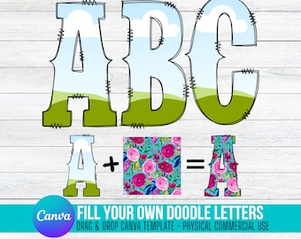 Fill your own Doodle Letters on CANVA with Commercial Use Allowed. Drag and Drop Alphaset Alphabet Letters PNG Editable Canva Frame Designs