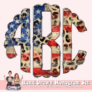 USA Monogram Full Alphabet Individually Saved Monogram Letters, Circle Monogram Scalloped Round Left Middle & Right, Doodle Letters PNG