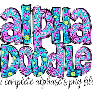 Letras del alfabeto floral de primavera brillante PNG, acuarela de flores del día de la madre de verano, garabatos dibujados a mano, diseños de conjuntos de sublimación alfa PNG