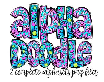 Helles Frühlings-Blumen-Alphabet-Bundle, Sommer-Muttertagsblumen-Aquarell, Hand gezeichnetes Gekritzel, Sublimations-Alpha-Set-Designs PNG