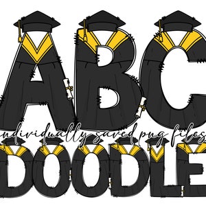 Letras do alfabeto de formatura PNG Bundle, chapéu de formatura da escola 2023 Doodle desenhado à mão, designs de conjunto alfa de sublimação de faculdade PNG