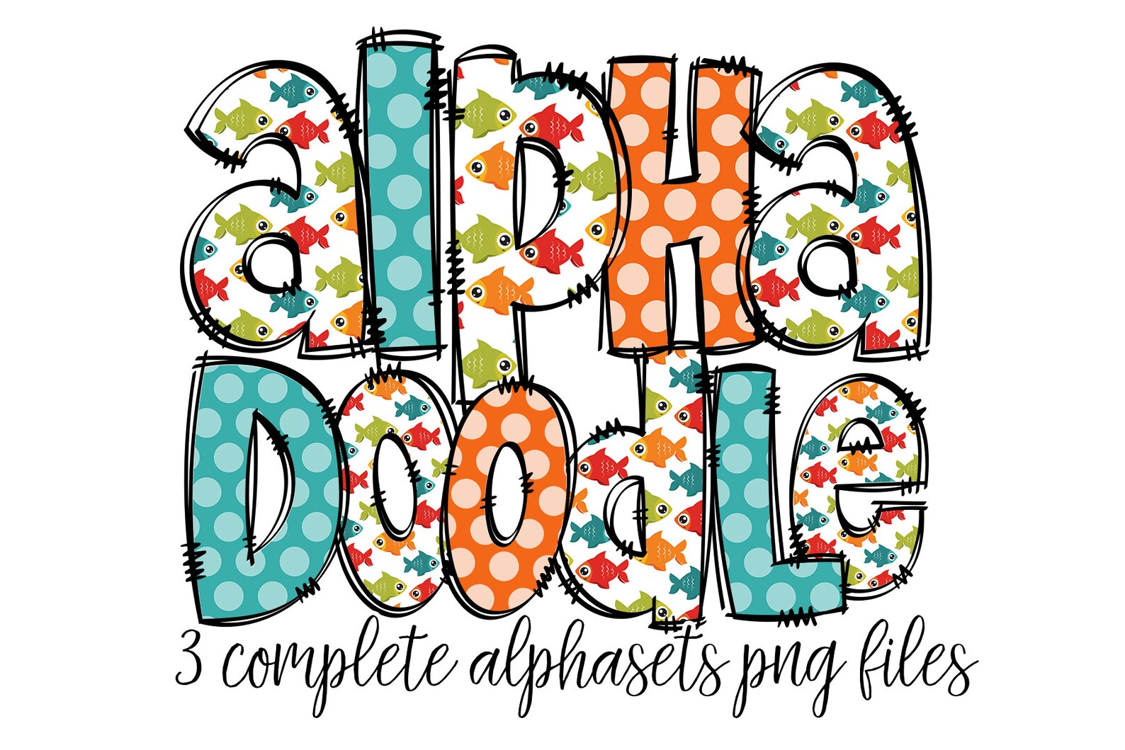 Kids Fishing Alphabet Letters PNG Bundle, Fish Doodle Letters, Hand ...