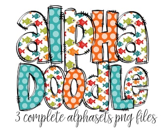 Kids Fishing Alphabet Letters PNG Bundle, Fish Doodle Letters, Hand Drawn Alphabet Doodle, Sublimation Little Boys Alpha Set Designs PNG