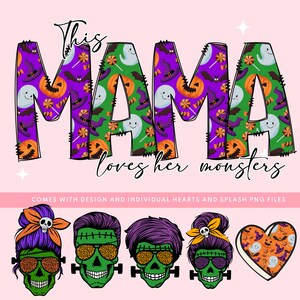 Esta mamá ama a sus monstruos PNG, Spooky Season mama, es otoño Yall, Mom Bun Momster Sublimation Designs, Jack o Lanter, Heart on Sleeve
