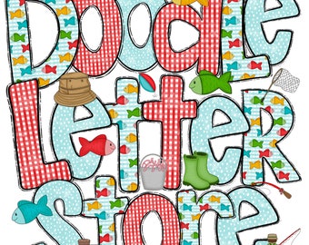 Fishing Doodle Letters with Matching Clip Art, Custom Name, Fathers Day, Father Son,Sublimation Alphabet A-Z 0-9 Individually Saved PNG