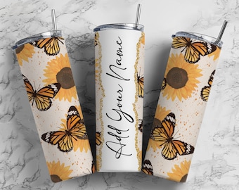 Butterfly Aesthetic Add Your Own Text Name Monogram Sublimation Tumbler Designs Floral  20oz Skinny Tumbler Wraps Templates - PNG 76 PATTERN