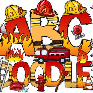 Imágenes prediseñadas de bombero + letras y números dibujados a mano, conjunto de letras mayúsculas del alfabeto de bombero, letras de sublimación del departamento de bomberos, camión de bomberos PNG