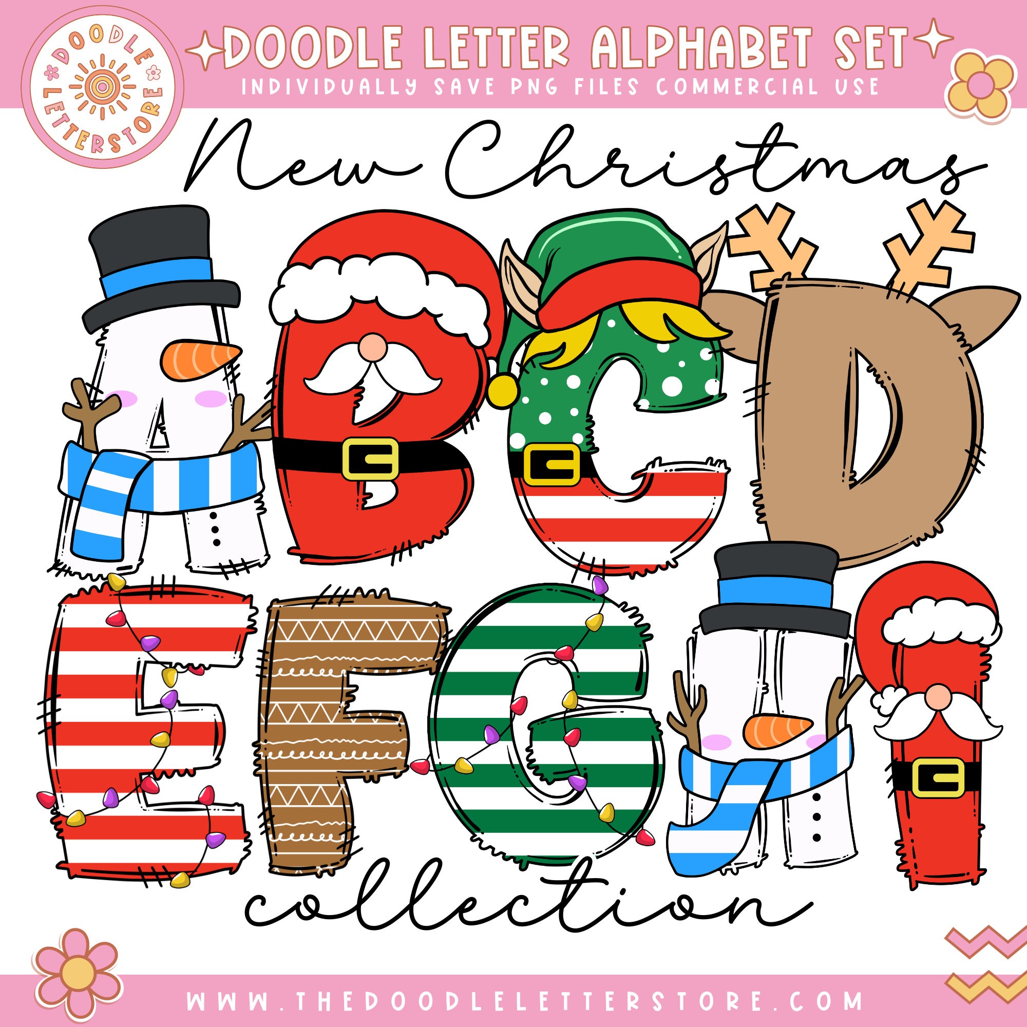 その他 Limited Winter Letter Christmas Clip Art Doodle Letters, Uppercase Alphabet Set, Retro