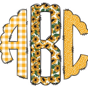 Sunflower Fall Monogram Letters, Boho Sublimation PNG Elements Hand Drawn Doodle Alpha Bundle, Spring Gingham Sublimation Font PNG Floral