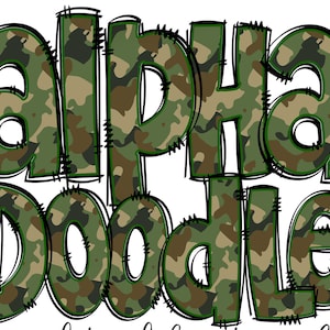 Pacote de letras do alfabeto de camuflagem Doodle PNG, camuflagem militar, letras do exército, design desenhado à mão Doodle, designs de conjunto alfa de sublimação PNG