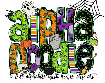 Halloween Doodle letters with Clip Art PNG Files, Make your own Name, Doodle Alpha Bundle, Halloween Clipart Alphabet Doodle Set PNG