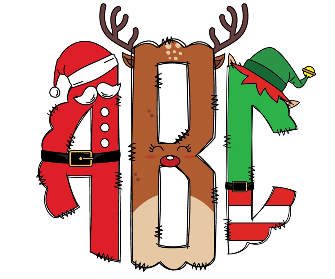 CHRISTMAS Monogram Letters, Reindeer Clause, Elf Santa, Sublimation PNG ...