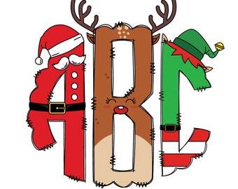 CHRISTMAS Monogram Letters, Rentierklausel, Elf Santa, Sublimation PNG-Elemente, Hand gezeichnetes Gekritzel-Alpha-Bundle, Sublimationsschrift PNG