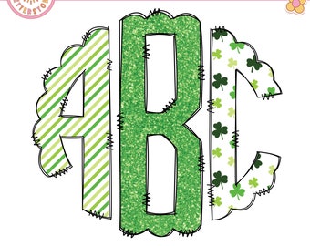 St Patricks Day Green Glitter Stripe Cloverleaf Monogram Doodle Letters, Cloverleaf Monogram Alphabet Initials Alphaset PNG Instant Download