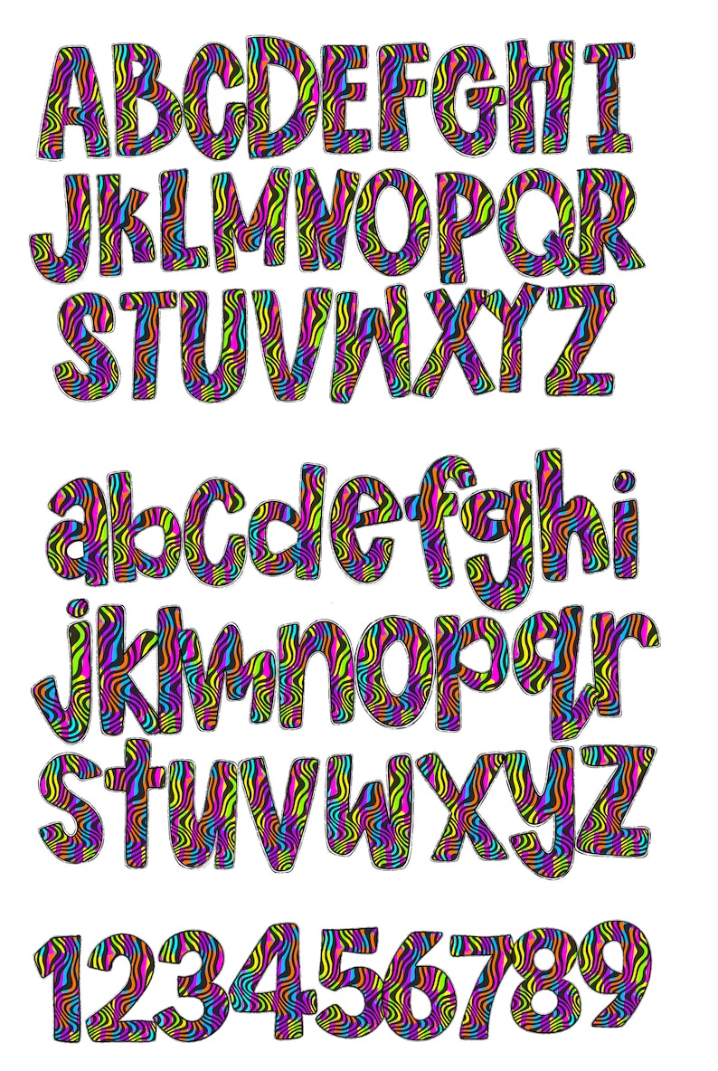 May include: A colorful alphabet and numbers with a psychedelic zebra stripe pattern. The letters are uppercase and lowercase, and the numbers are 1 through 9.