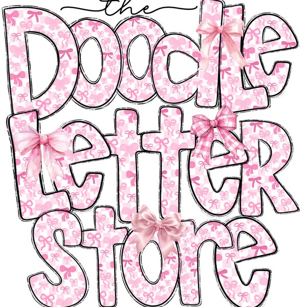 Lazo a cuadros rosa Doodle Letras del alfabeto Sublimación Clipart PNG, Coqueta Estética Girly A-Z Alpha Set Letras con imágenes prediseñadas a juego