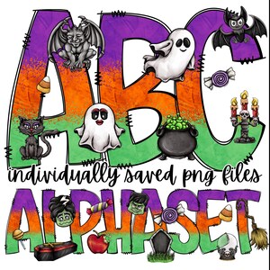 Halloween Doodle letters with Clip Art PNG Files, Make your own Name, Doodle Alpha Bundle, Halloween Clipart Alphabet Doodle Set PNG