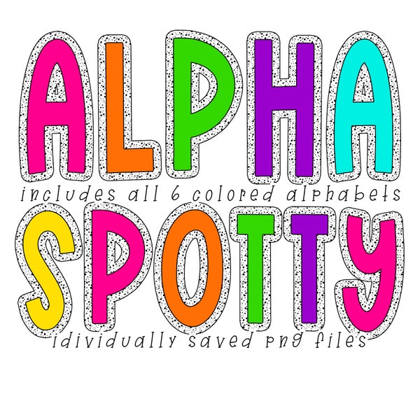 Bright Spotty Doodle Alphabet Letters, Dalmatian Spots Sublimation Clipart PNG, Rainbow Neon  A-Z Alpha Set Letter