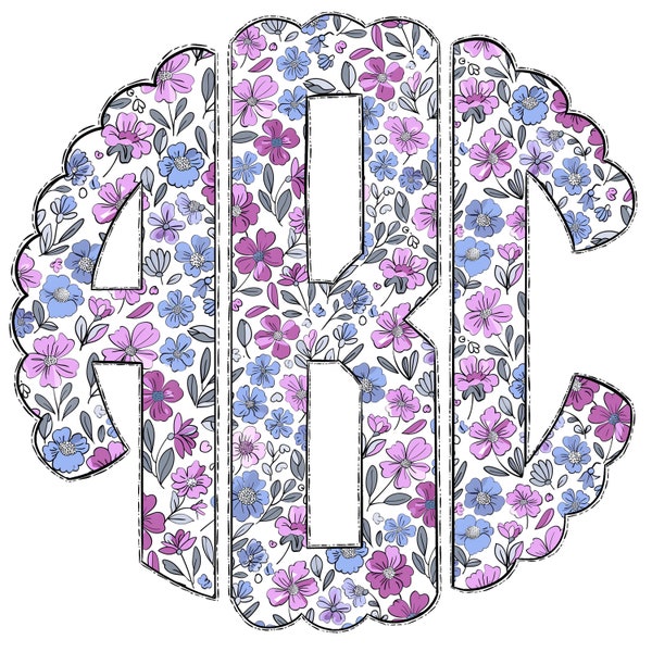 Purple and Blue Wildflowers Doodle Monogram Letters, Summer Spring Custom Name Initials, Pastel Boho Aesthetic Floral Flower Monogram PNG