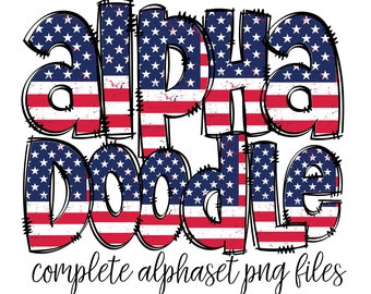 USA Alphabet Letters PNG Bundle,  Patriotic American Flag Doodle Letters, Hand Drawn Alphabet Doodle, Sublimation Alpha Set Designs PNG