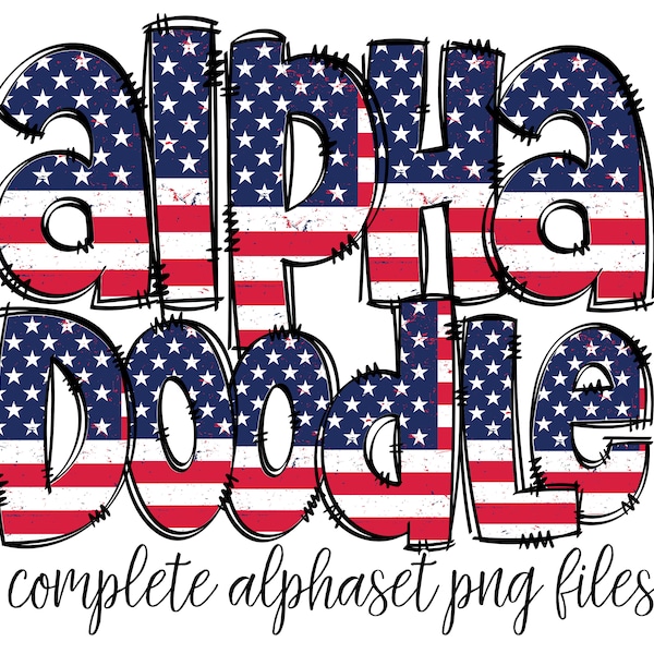 USA Alphabet Letters PNG Bundle,  Patriotic American Flag Doodle Letters, Hand Drawn Alphabet Doodle, Sublimation Alpha Set Designs PNG