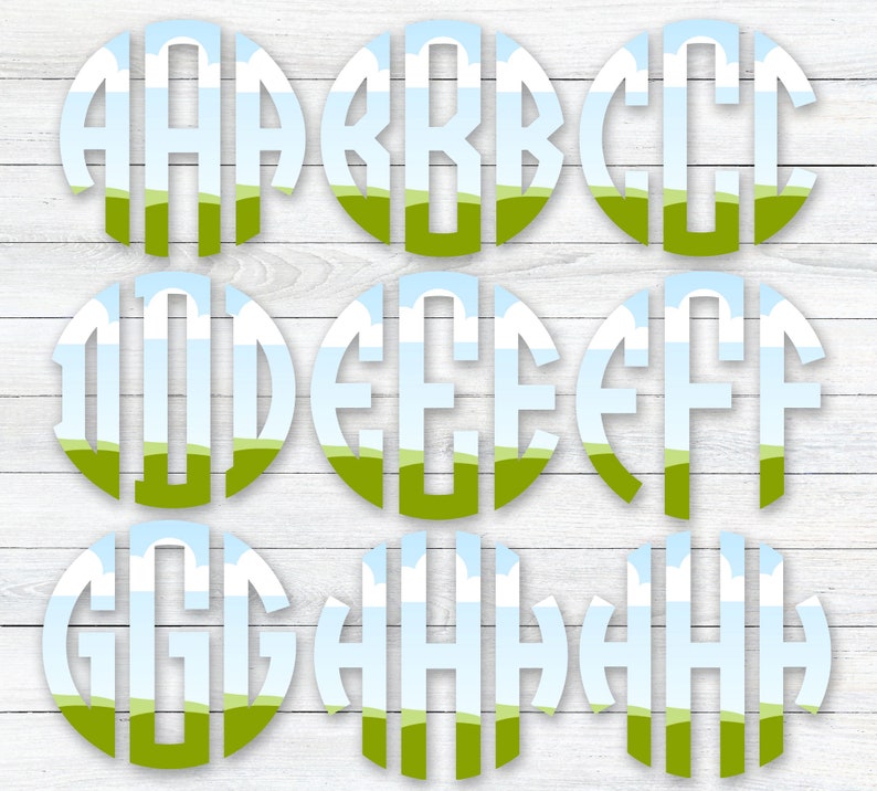 May include: Nine round, white, monogrammed letters with a blue sky and green grass background. The letters are A, B, C, D, E, F, G, H, and I.