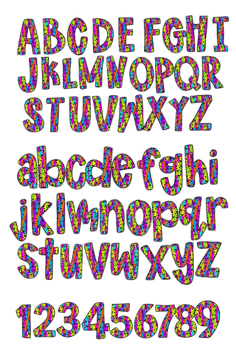 May include: A colorful alphabet and numbers with a black and white heart pattern. The letters and numbers are in a bold, playful font.