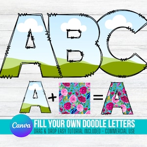 Fill your own Doodle Letters on CANVA with Commercial Use Drag and Drop Alphabet Split Monogram Letters PNG Editable Canva Frame Designs