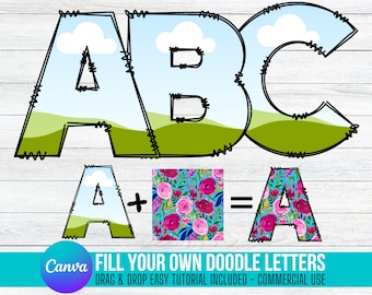 Fill your own Doodle Letters on CANVA with Commercial Use Drag and Drop Alphabet Split Monogram Letters PNG Editable Canva Frame Designs