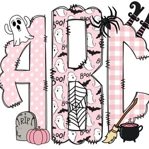 Pink Halloween Monogram Letters with Clip Art PNG, Fall Autumn Clipart Sublimation, Doodle Alpha Bundle, Trick or Treat Sublimation Font PNG