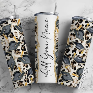 Graduation Hat On Leopard Print Add Your Own Name, 20oz Sublimation Tumbler Designs, Skinny Tumbler Wraps Template - 87 PATTERN