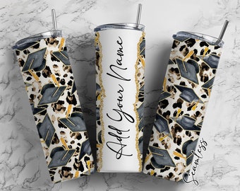 Chapeau de graduation sur imprimé léopard Ajoutez votre propre nom, 20oz Sublimation Tumbler Designs, Skinny Tumbler Wraps Template - 87 PATTERN