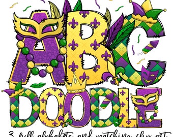 Mardi Gras Doodle letters with Clip Art PNG Files, Make your own Name, Doodle Alpha Bundle Mari Gras Clipart Alphabet Doodle Set PNG