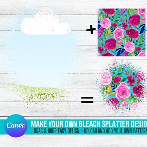 May include: A digital design tutorial showing how to create a bleach splatter effect on a floral pattern. The design is made with a white splatter effect over a blue background with pink and red roses.
