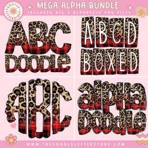 May include: A set of four digital alphabet sets in a leopard print and red plaid design. The text "MEGA ALPHA BUNDLE" and "INCLUDES ALL 4 ALPHASETS PNG FILES" is at the top of the image. The text "ABC DOODLE" and "ABCD BOXED" is in the top two rows. The text "ABC" and "alpha DOODLE" is in the bottom two rows. The text "WWW.THEDOODLELETTERSTORE.COM" is at the bottom of the image.