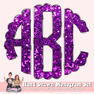 Bright Purple Doodle Letters PNG Bundle, Chunky Glitter Procreate Hand Drawn Alphabet Doodle, Sublimation Alpha Set Designs PNG