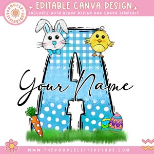 Puede incluir: Un diseño con temática de Pascua con una gran letra "A" en azul con lunares blancos y un patrón de cuadros. Adornado con un conejito, un pollito, una zanahoria y huevos de Pascua decorados. El texto "Your Name" está escrito en cursiva.