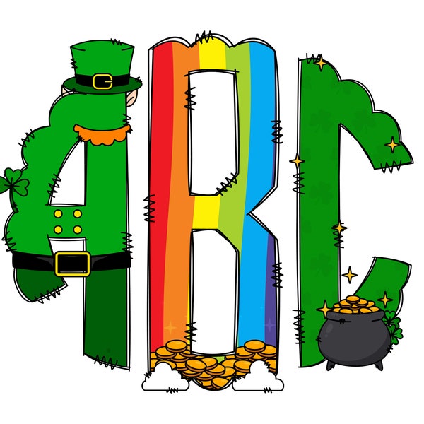 St Patricks Day Monogram with Clip Art Doodle Letters, Make your Own Gold Rainbow Paddys Alphabet Initials Transparent PNG