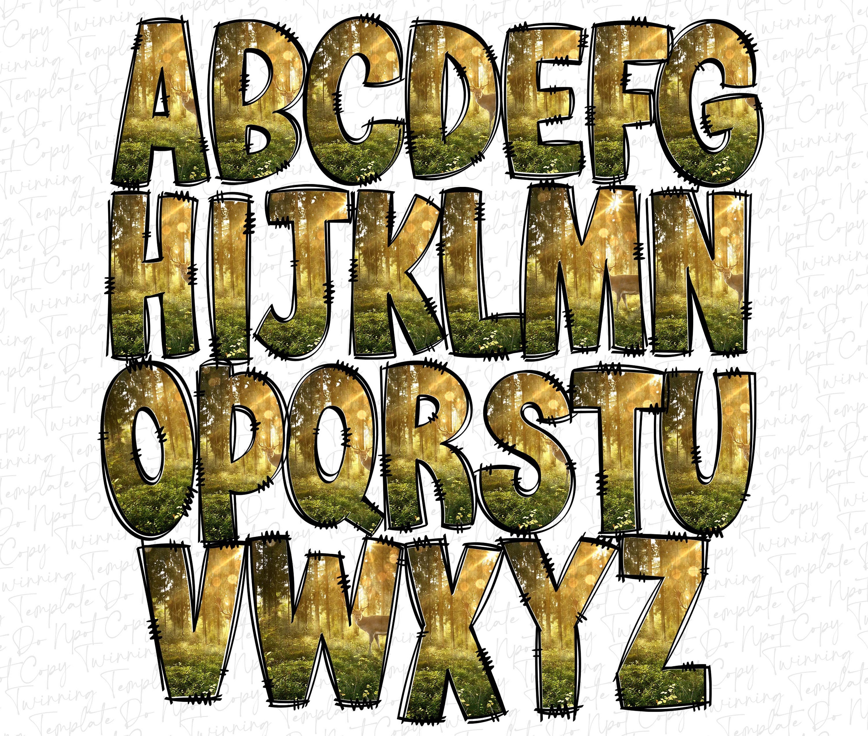 Hunting Deer Doodle Letters, Hand Drawn Doodle Alpha Bundle Patterned ...