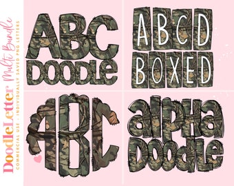 Paquete de letras Camo Hunt Mega Doodle, conjunto de alfabetos florales de colores brillantes, letras de imágenes prediseñadas, paquetes de monogramas de doodle de niña PNG