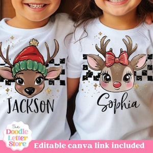 May include: Two white t-shirts with a reindeer design and the names "Jackson" and "Sophia" printed on them. The reindeer has a red and green hat and a red bow. The shirts have a black and white checkered pattern and gold glitter.