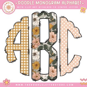 Boho Floral Monogram Full Alphabet Individual Saved Monogram Letters Circle Monogram Scalloped Round Left Middle Right Doodle Letters PNG
