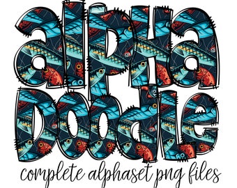 Fishing Doodle Alphabet Letters PNG Bundle, Fishing Lure Fisherman Fathers Day, Hand Drawn Doodle, Sublimation Alpha Set Designs PNG
