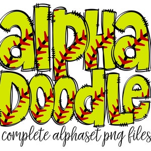 May include: A yellow and red softball-themed alphabet doodle with the word "alpha doodle" in large, bold letters. The letters are outlined in black and have a stitched softball pattern.