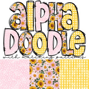 Patrón de acuarela de puntos boho a cuadros de girasol floral de primavera con LETRAS DE DOODLE a juego, paquetes de monogramas de conjunto de alfabetos PNG, descarga instantánea