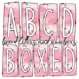 Pink Gold Stars Box Doodle Letters, Western Hand Drawn Doodle Alphabet Set, Sublimation Designs PNG - 2116